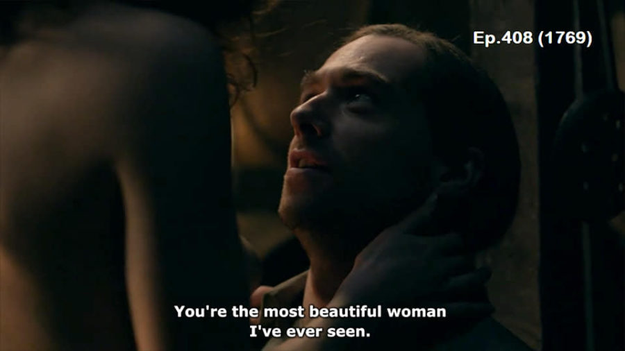 comparing two outlander weddings, roger telling Bree she's beautiful on their wedding night