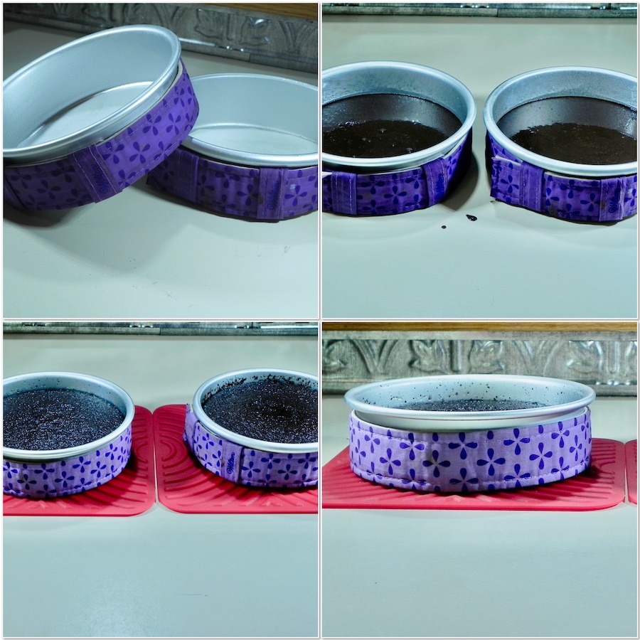 Bake-Even strips wrapped around 2 cake pans collage