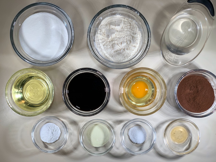 Port Wine Chocolate Cake ingredients measured overhead