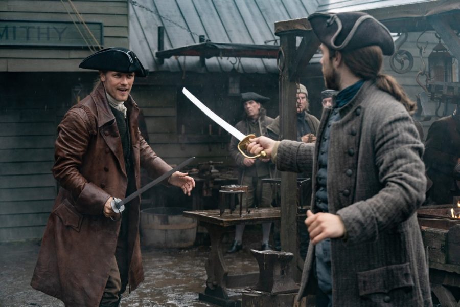 jamie and roger practice sword fighting, outlander