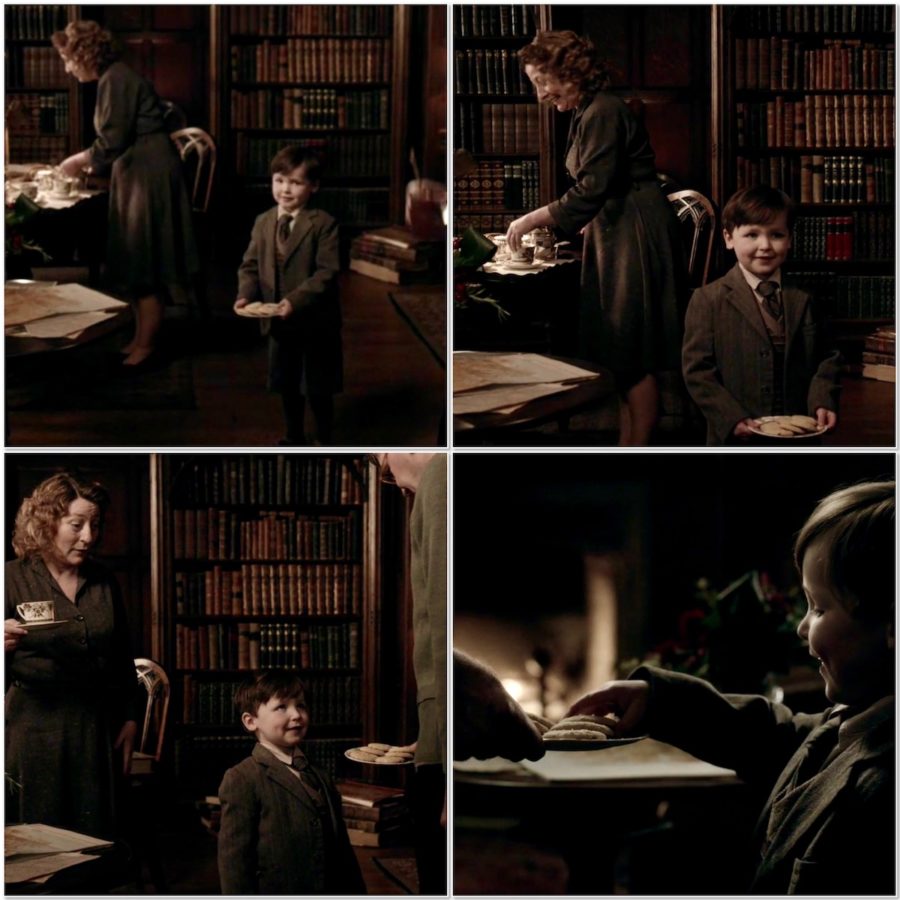 Little Roger helps serve biscuits, then asks and gets one collage (photo credit: Outlander STARZ Season 1)