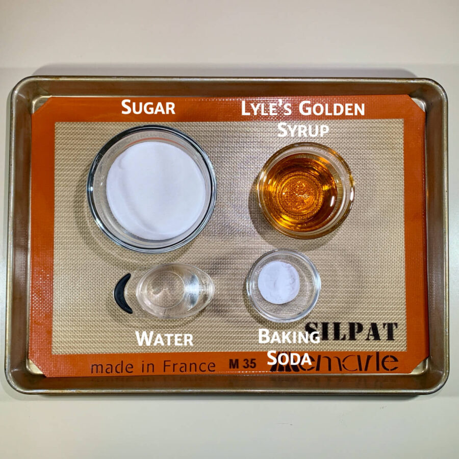 Honeycomb candy ingredients on tray marked