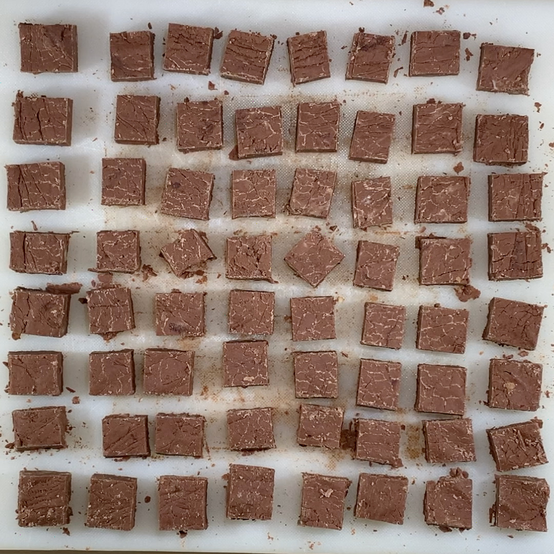Dark chocolate Whisky Fudge cut from overhead