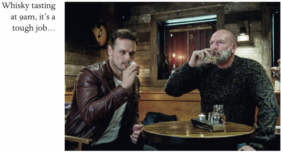 clanlands, sam heughan and graham mctavish drinking whisky