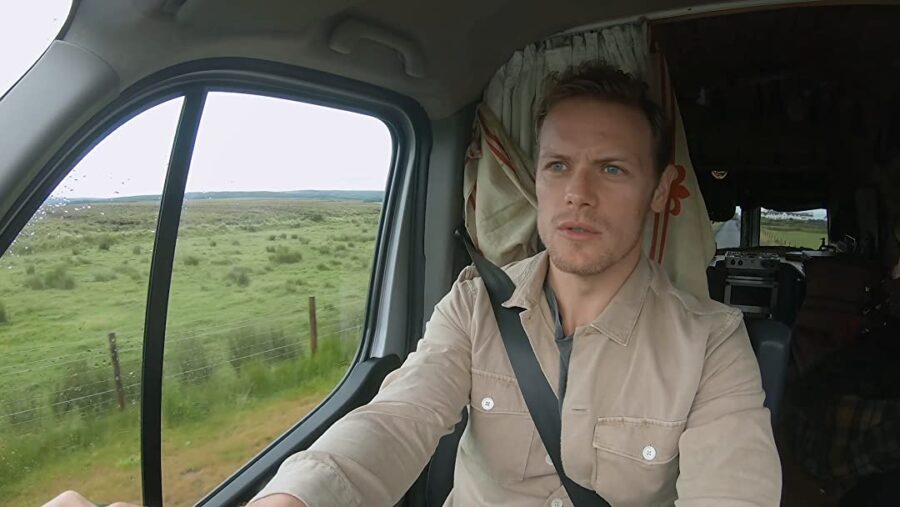 men in kilts, sam heughan driving