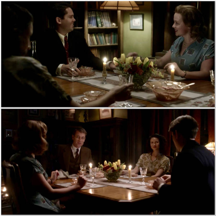 Claire & Frank's dinner party from Outlander STARZ Season 3 Episode 2 collage
