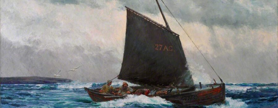 Sailboat on a rocky sea.