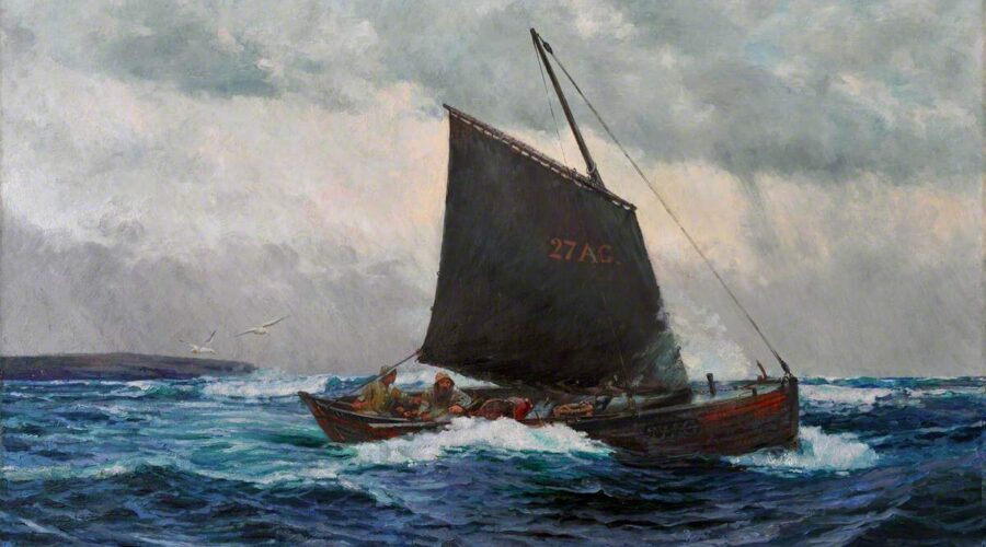 Sailboat on a rocky sea.