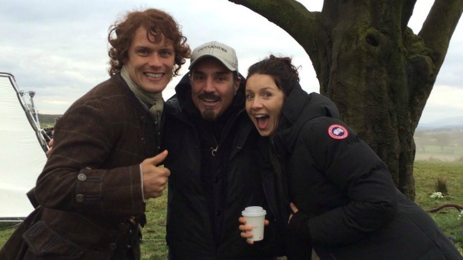 showrunner Ron D. Moore Matt B Roberts Sam Heughan Caitrion Balfe Outlander Cast, Ron D. Moore