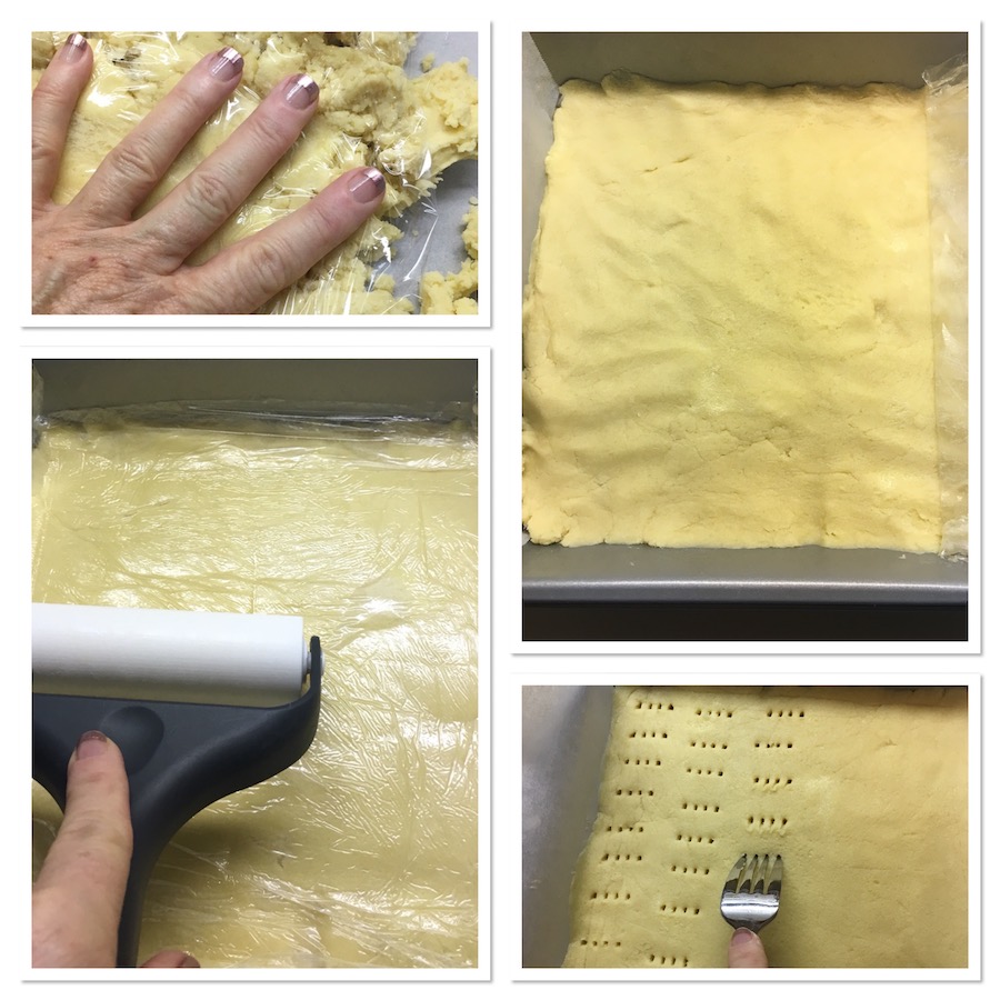 pressing shortbread into pan collage