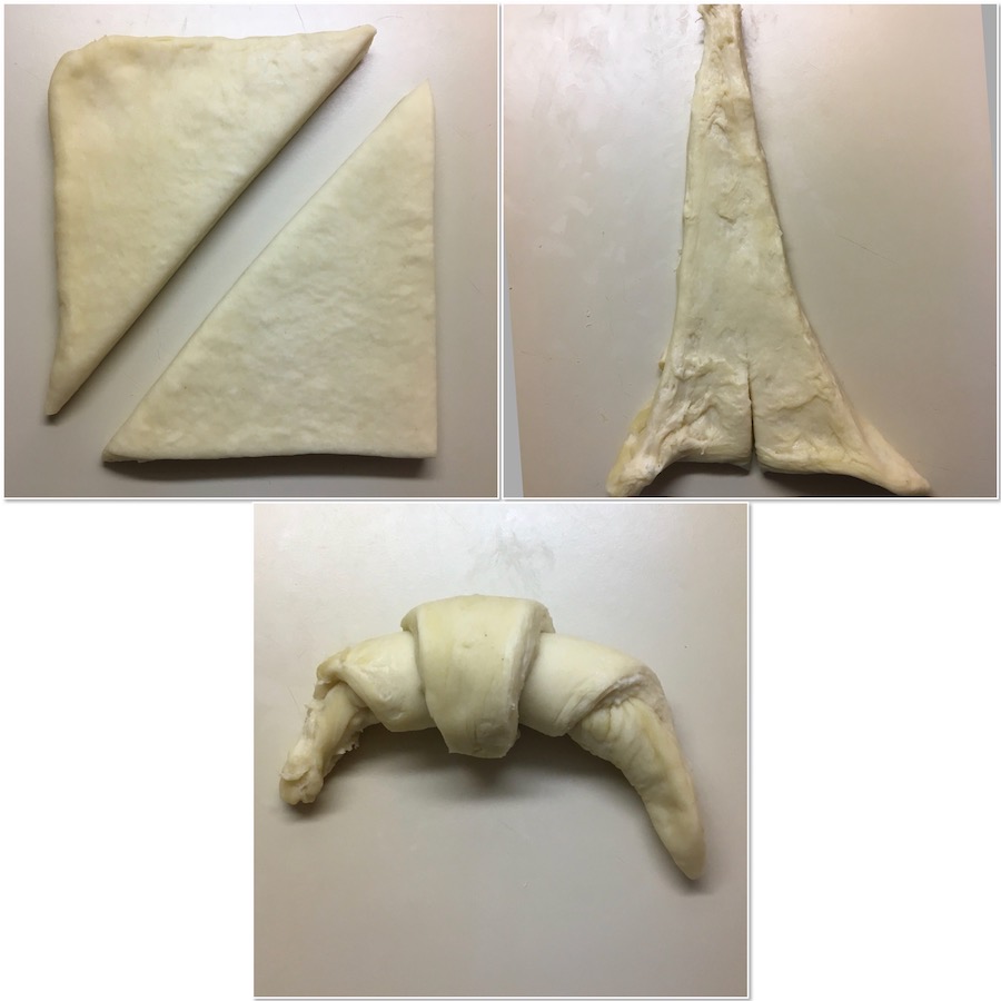 rolling up the laminated dough into croissants