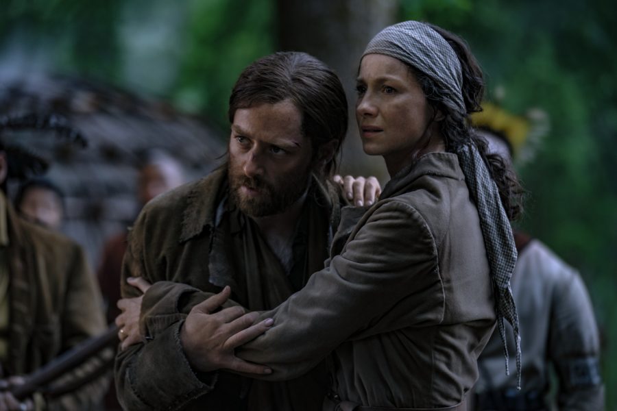 outlander season 4 finale heart score, single tears in outlander, roger and claire in Mohawk village