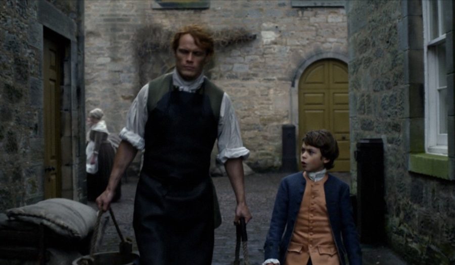 outlander update, jamie and willie in the stables at the rear of Hopetoun House