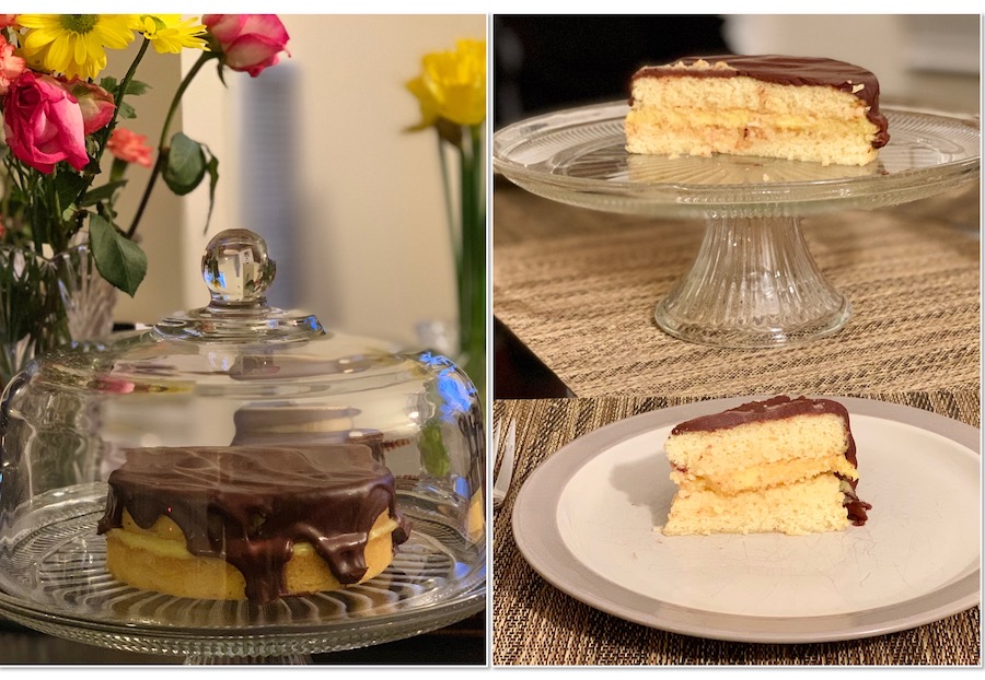 finished Boston Cream pie in and on cake stand with plated slice collage