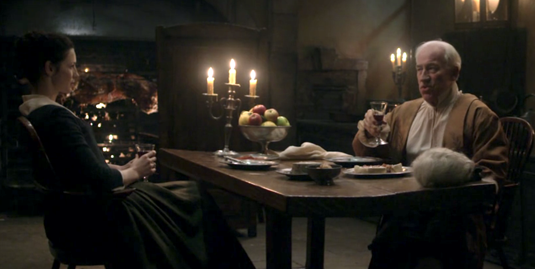 Simon Callow as the Duke of Sandringham at Belmont House with Claire from Outlander STARZ Season 2