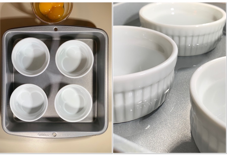 empty ramekins in a water bath collage