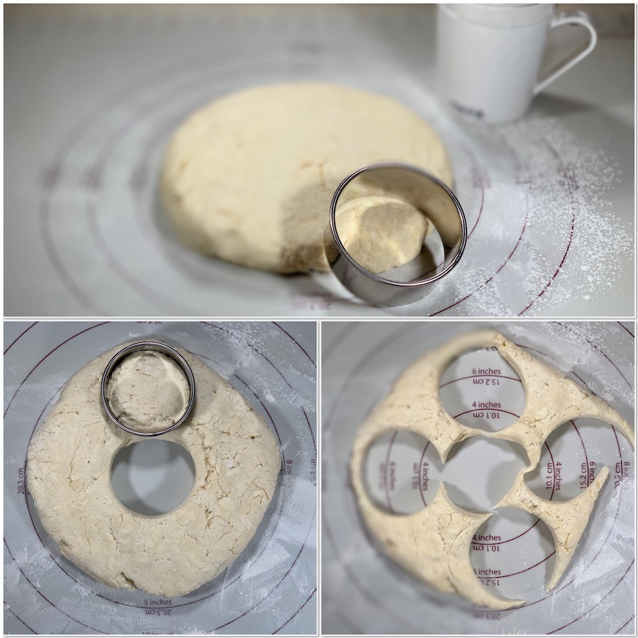 cutting out the rounds for sourdough biscuits collage