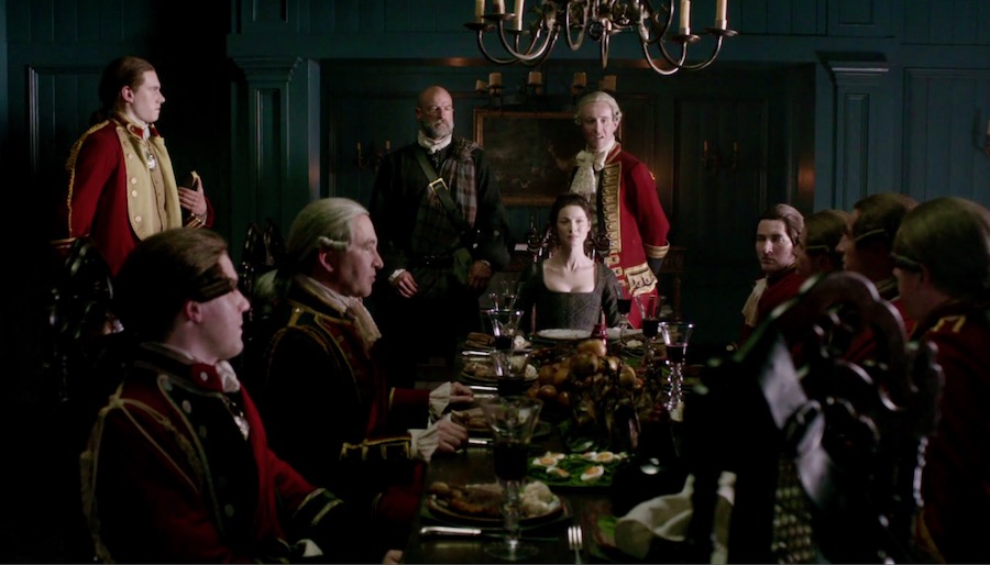 Claire, Dougal, Lord Thomas at the foot of the banquet table from Outlander STARZ Season 1, yorkshire pudding