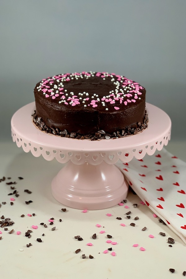 Port Wine Chocolate Cake on cake stand