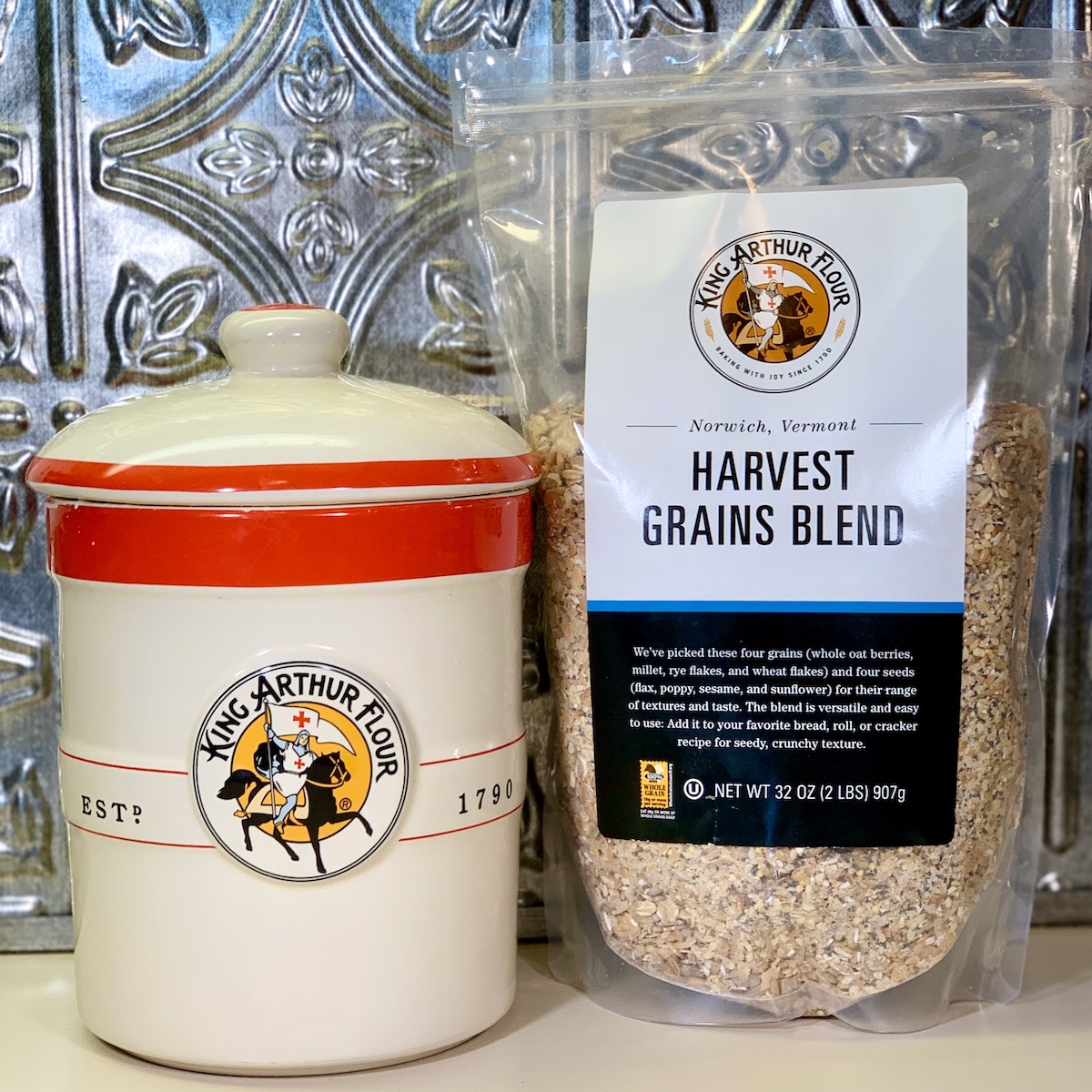 Sourdough starter crock with Harvest Grains Blend package