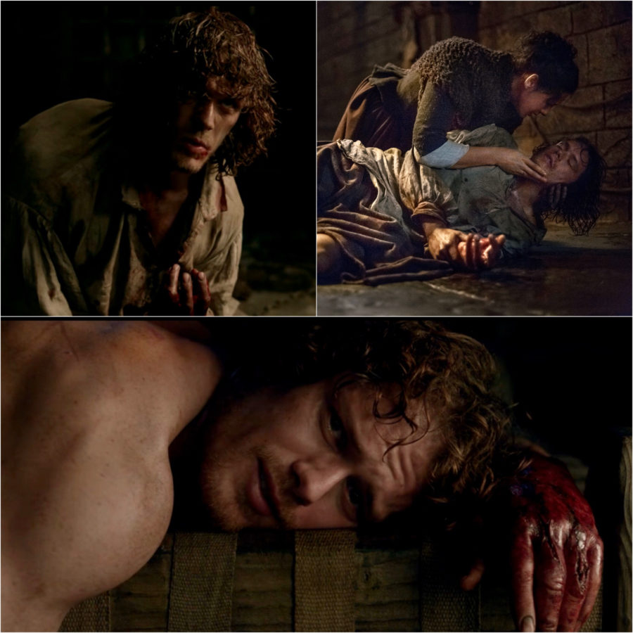jamie fraser being tortured outlander season 1, the many near deaths of jamie fraser