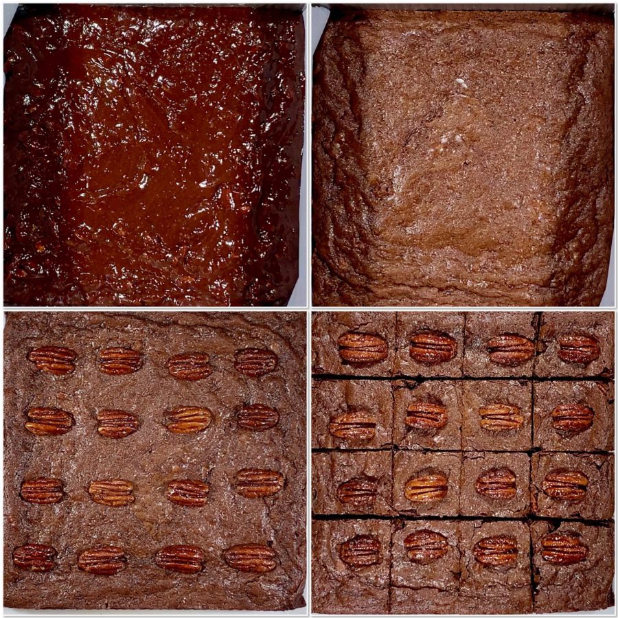 Candied Pecan Brownies batter before and after baking collage, ja-brownies