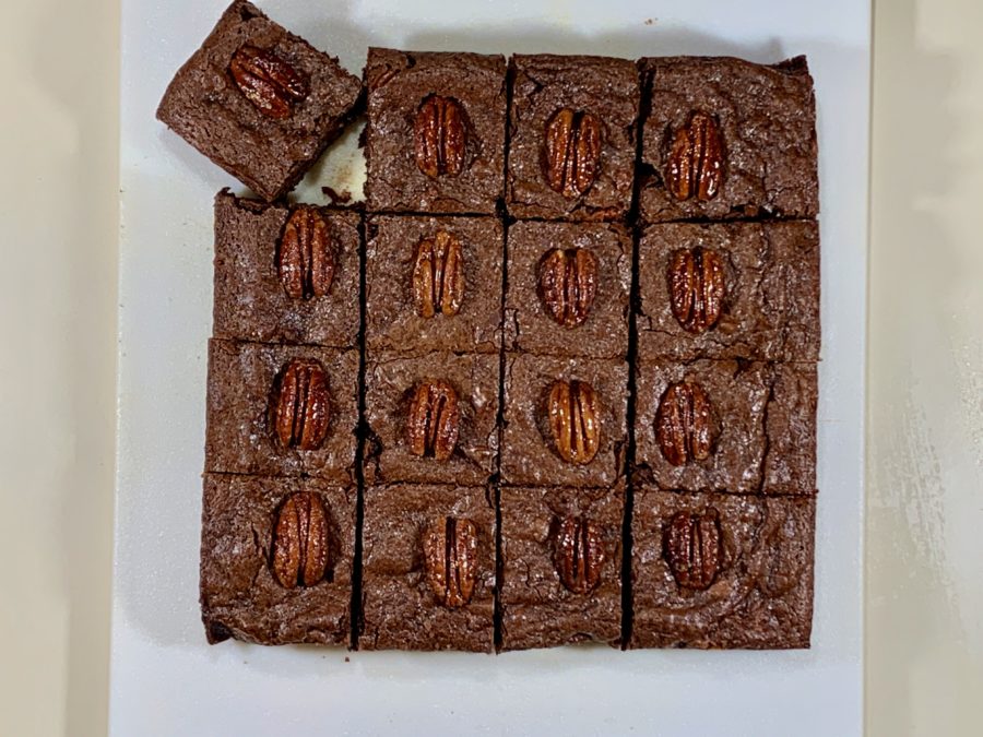 Candied Pecan Brownies cut on board overhead