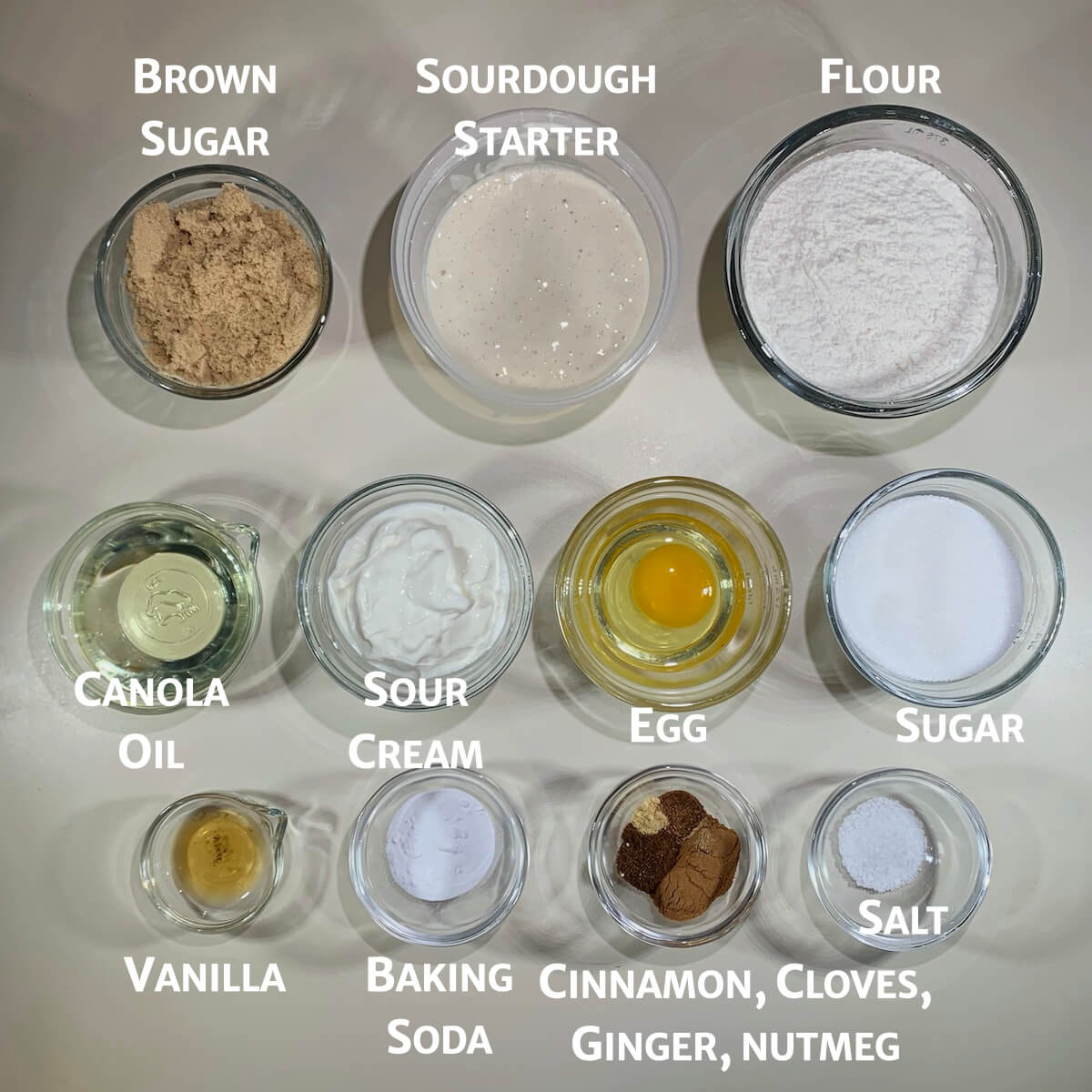 Sourdough Spice Cake ingredients overhead