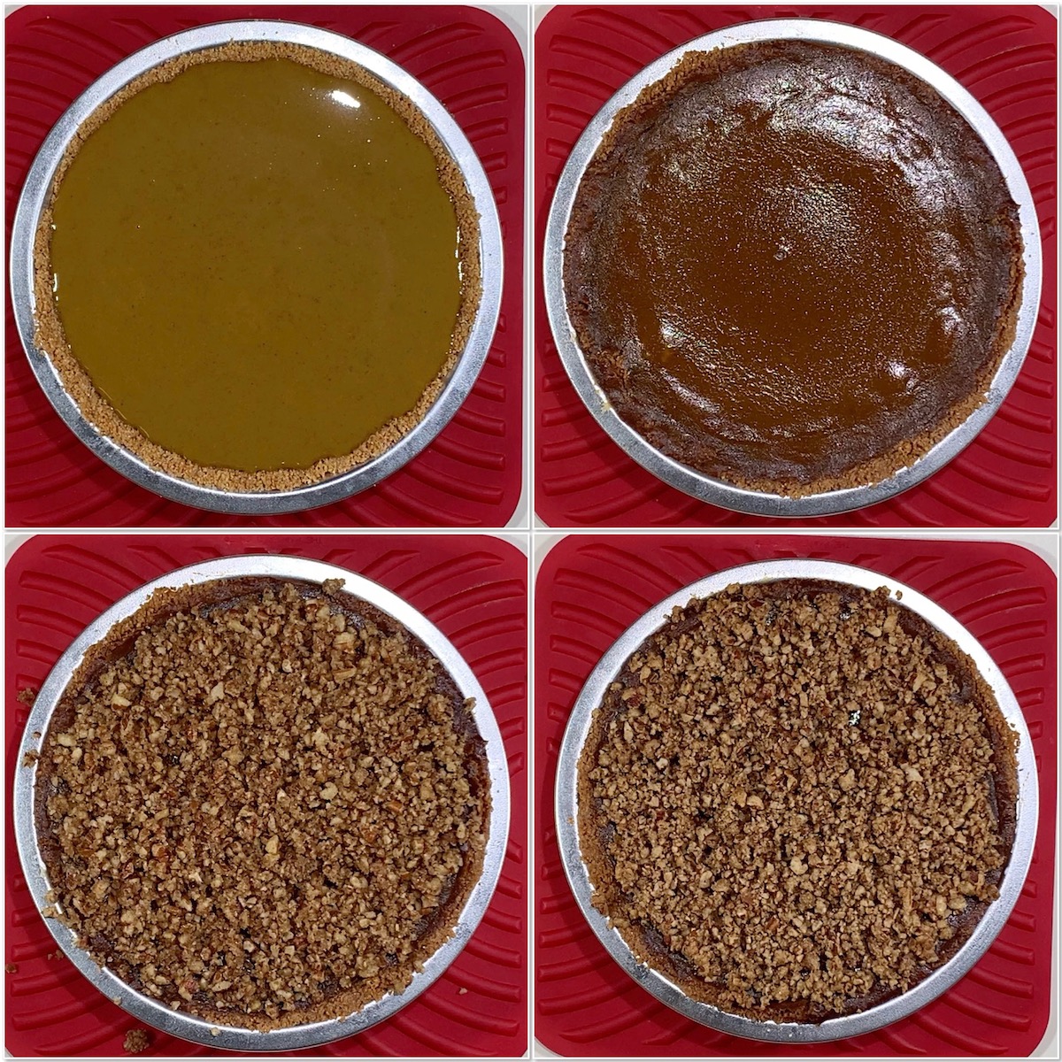 Praline Pumpkin Pie before & after baking collage