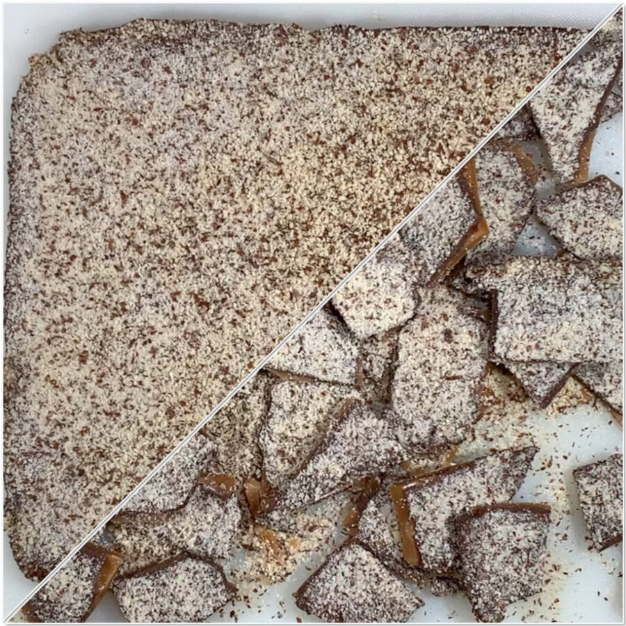 English Toffee on cutting board before & after breaking up collage