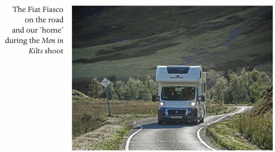 clanlands, men in kilts campervan