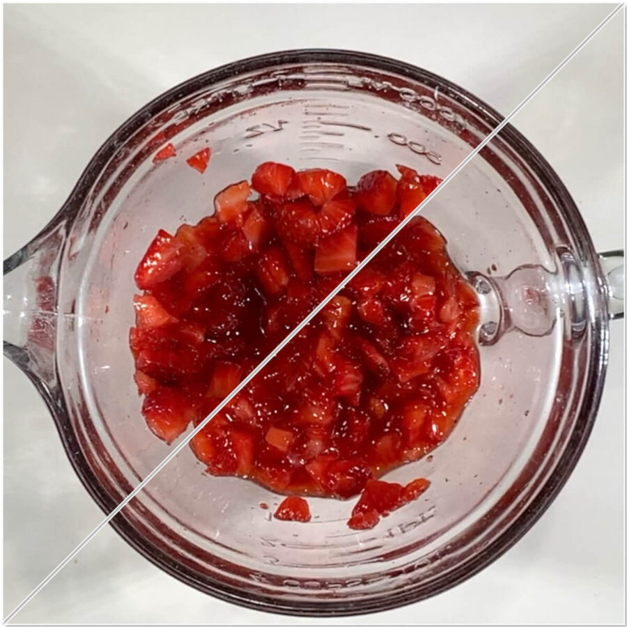 Before and after crushing strawberries in a bowl collage