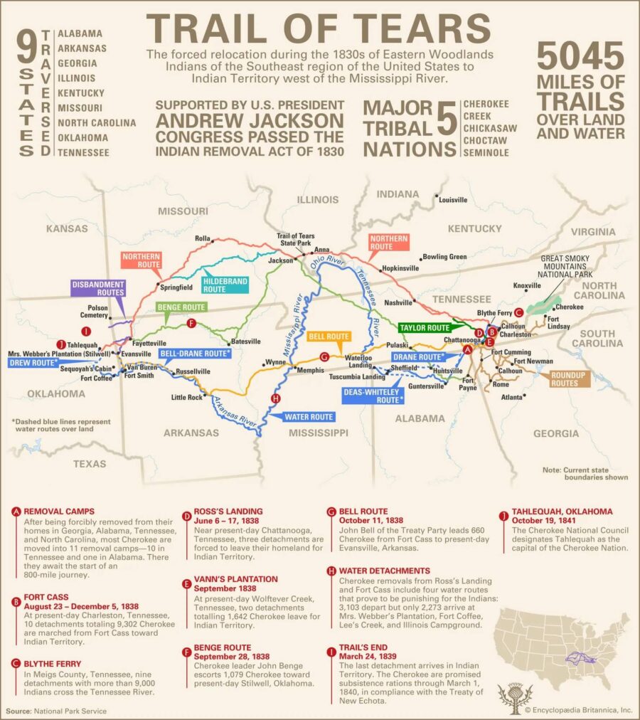 Fact sheet about the Trail of Tears with a map of routes.