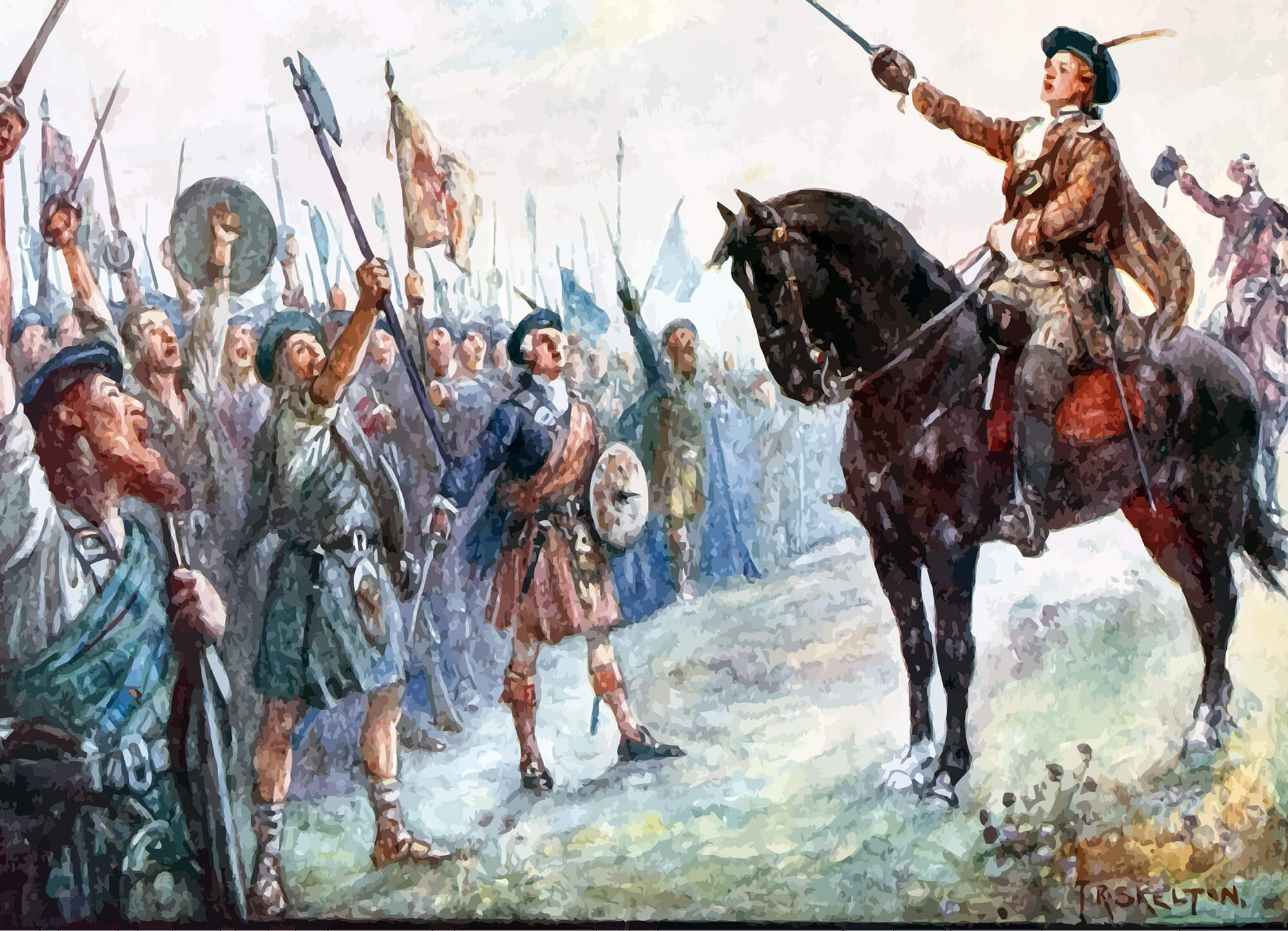 Charles Edward Stuart atop his horse, commanding his army. 