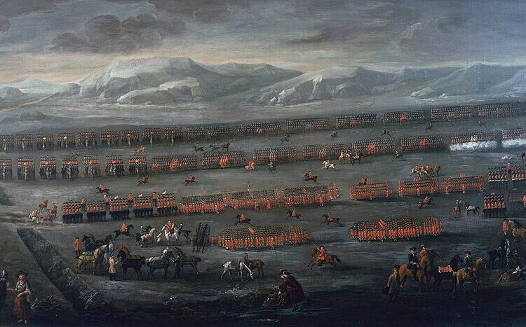 Historical painting of the 1715 Battle of Sheriffmuir showing soldiers forming ranks on a Scottish moor
