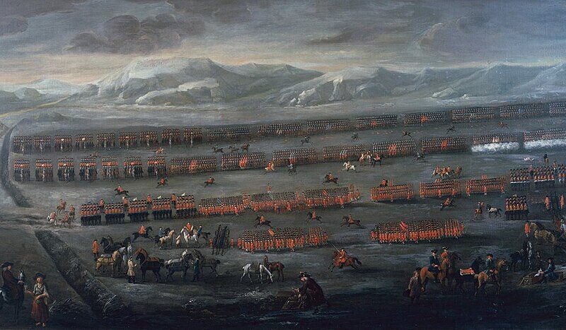 Historical painting of the 1715 Battle of Sheriffmuir showing soldiers forming ranks on a Scottish moor